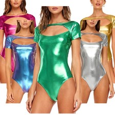 Women Zipper Front Bodysuit Thong One Piece Leotard Sheer See Through Catsuit