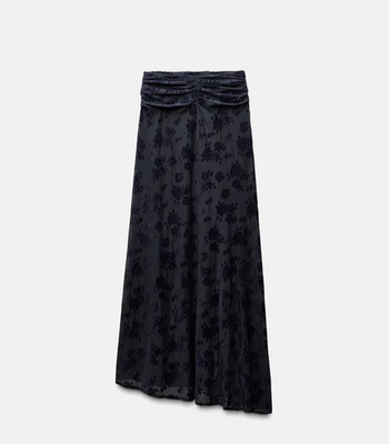 Zara Womens Midi Skirt Size Large L Navy Blue Floral Flocked Tulle