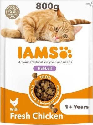 IAMS Hairball Complete Katzentrockenfutter für ausgewachsene und ältere Katzen mit Huhn 800 g