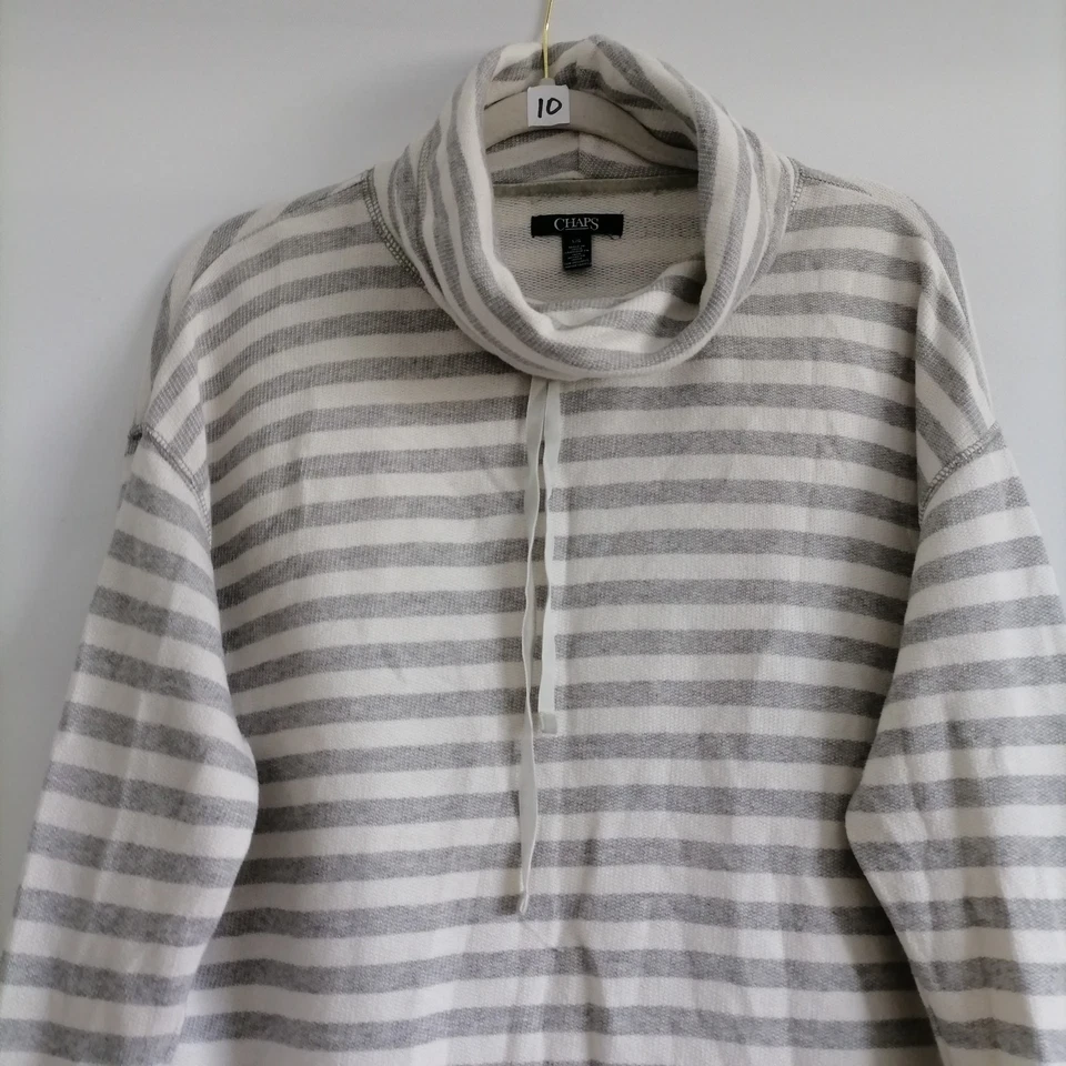 Suéter Cómodo Suelto Chaps Para Mujer Gris Blanco Capucha Cuello Rayas Calce Relajado Talla L Foto 2 de 4