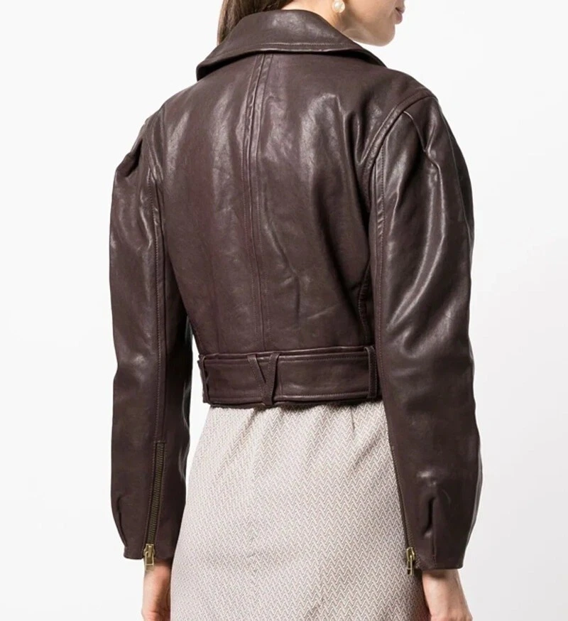 Women's Cropped Belted-waist Sheepskin Leather Jacket In Brown - Image 2 of 4