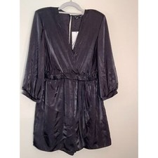 Zara NWT Black Satin Long Sleeve Romper - Size Large - Wrap Front