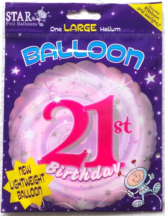 Happy 21st Birthday Helium Foil Balloon 18"" Pink with Ribbon and Weight
