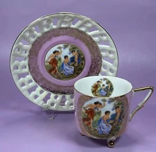 Royal Halsey Lusterware Victorian Couple 3 Footed Cup & Reticulated Saucer Set