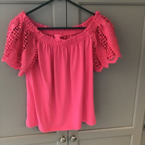 Lilly Pulitzer Fayette Off-The-Shoulder Blouse Top Crochet Ruffle S Pink