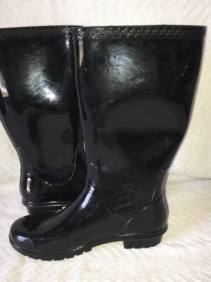 Damas Talla 8 (10") UGG Sienna Alto Brillo Negro Goma Botas de Lluvia Galoshes Altos Foto 4 de 4