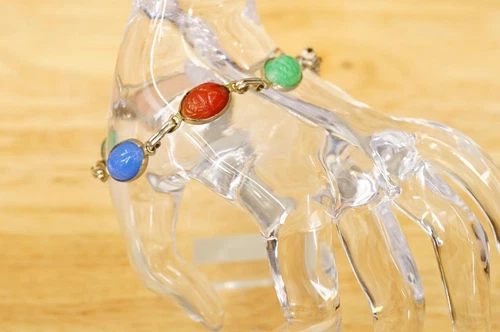 Vintage Estate Costume Jewelry SCARAB Glass Stone Bracelet 7" Long