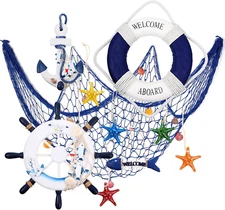 11 Pcs Wooden Nautical Wall Decor Fishing Net Decorations, Include Decorative...