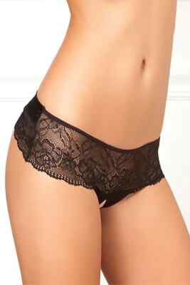 New Women's Black Crotchless Floral Lace Thong Panty With Bow on the Back S/M