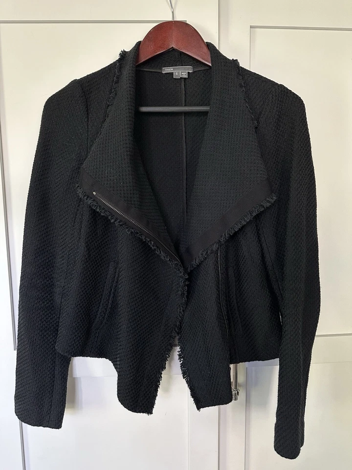 Chaqueta de moto de buceo Vince negra con borde deshilachado de tweed cremallera completa para mujer talla pequeña Foto 2 de 3
