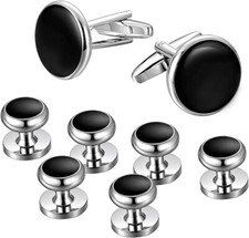 8pcs Mens Cuff Links and Studs Set Silver Black Tuxedo Shirt CuffLinks for Bu...