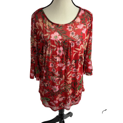 Sara Michelle Womens 1X Red Floral Bell Sleeve Tunic Top Plus Size Boho Casual