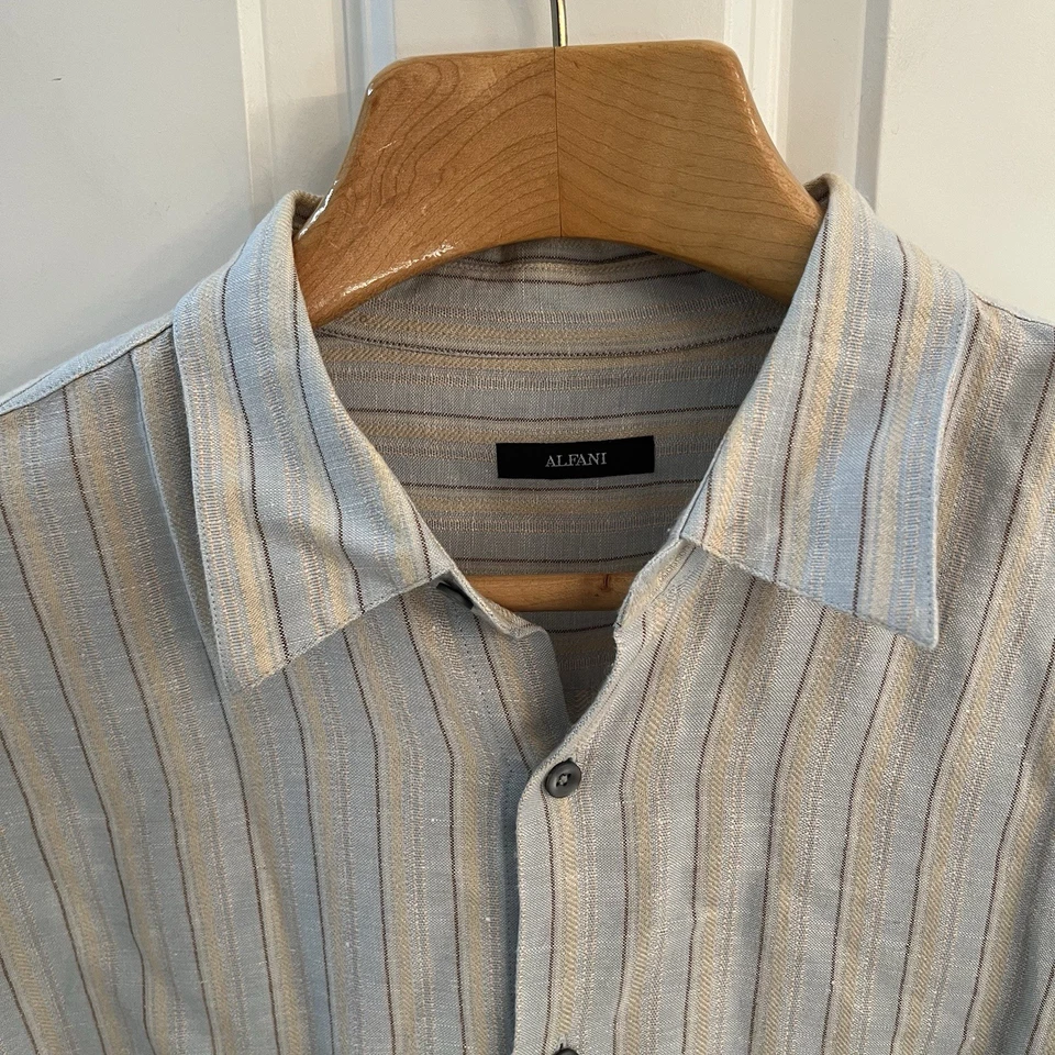 Рубашка Alfani мужская очень большая XL льняная вискозная для лагеря на пуговицах в полоску синяя желтая - Изображение 2 из 4