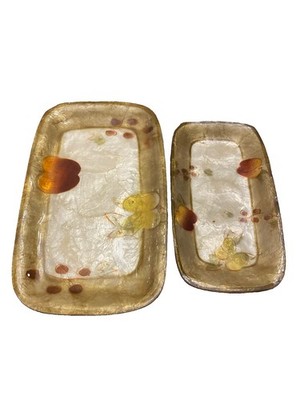 Vintage Hand painted Capiz Shell Trays Dishes Philippines Set/2 Fruit Design MCM