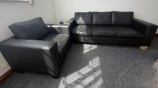 Black Faux Leather Sofa & Matching Armchair 2 Piece Suite 195x80x55cm