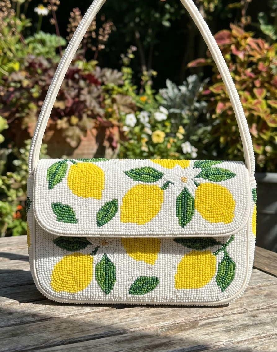 Beaded Lemon Shoulder Bag White Citrus Fruit Print Summer Flap Handbag Purse New