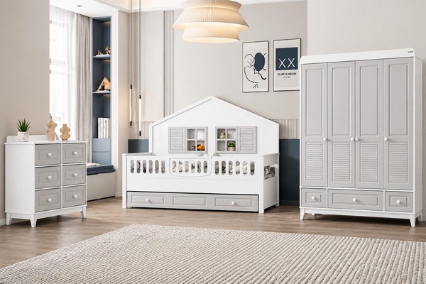 Kinderzimmer Set Weiß Grau Mit Kinderbett Kleiderschrank Kommode-image