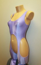 Women Catsuit 352-50 Hole  Thighs Crotch Open Back Light Purpl Spandex Size M