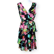 Tahari  ASL Chiffon Floral V Neck Flutter Sleeve Ruffled Midi Dress Dress 6