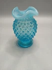 FENTON GLASS # 389 Blue Opalescent Glass Hobnail Ruffle 3 Crimp Mini Bud Vase