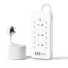 AOUOO Extension Lead with 3 USB Slots (3.4A) and 3 C, 6 Way 6Way-2M, White