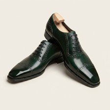 Handmade Genuine Leather Green Formal Cap Toe Wedding Oxford Lace Shoes For Men