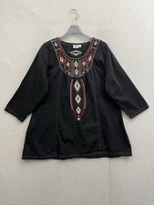 Parsley and Sage Top Women XL Black Embroidered 3/4 Sleeve Boho Peasant Art