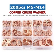 200x Solid Copper Crush Washer Gasket Set Flat O-Ring Seal Assortment Kits US