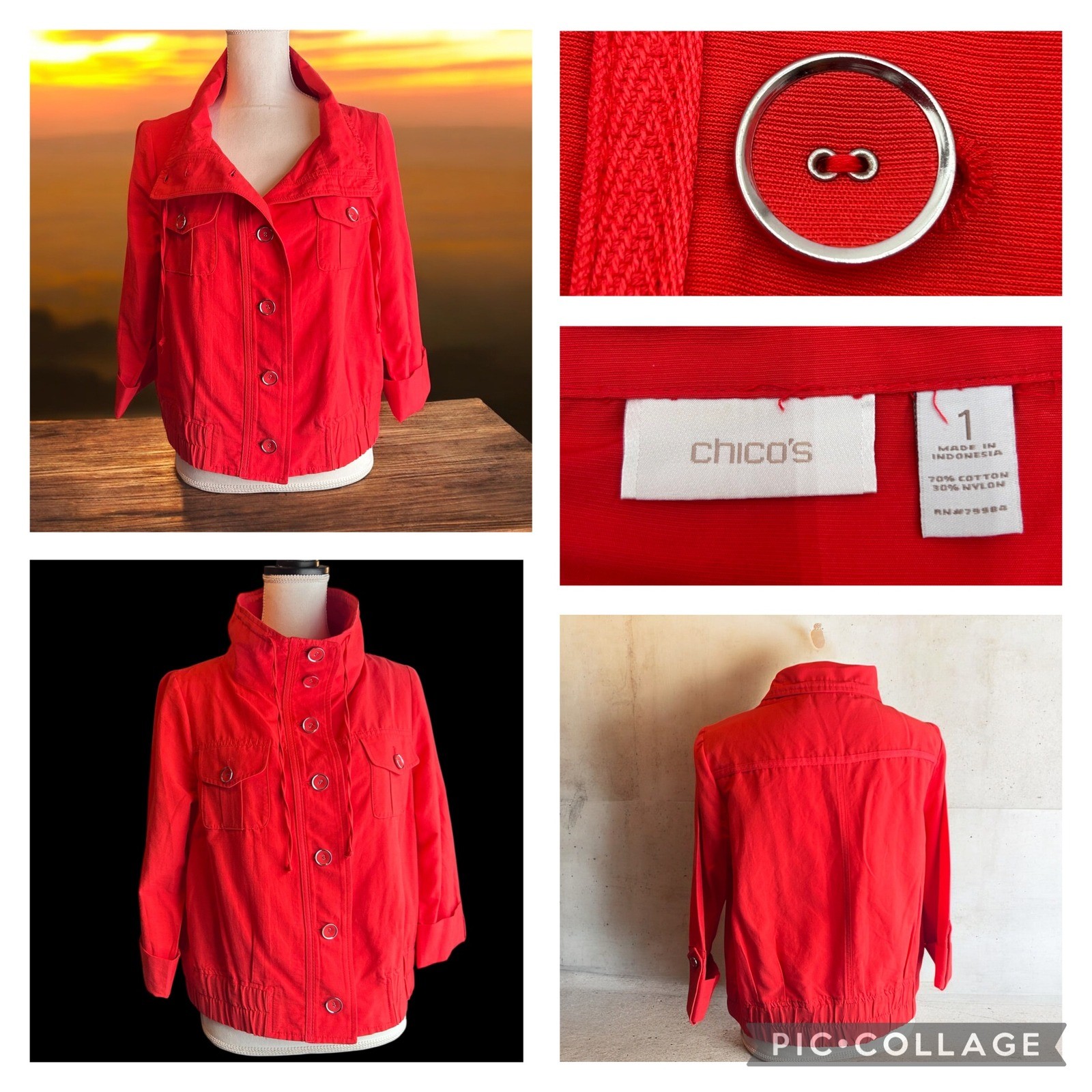 Chicos Red/Orange Button Front Collar Jacket Wome… - image 1