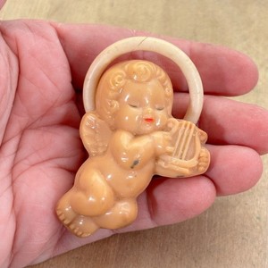 Vtg Cellulois Angel Cherub Baby Rattle Toy Mid Century Modern w Ring/Halo 2.25"h