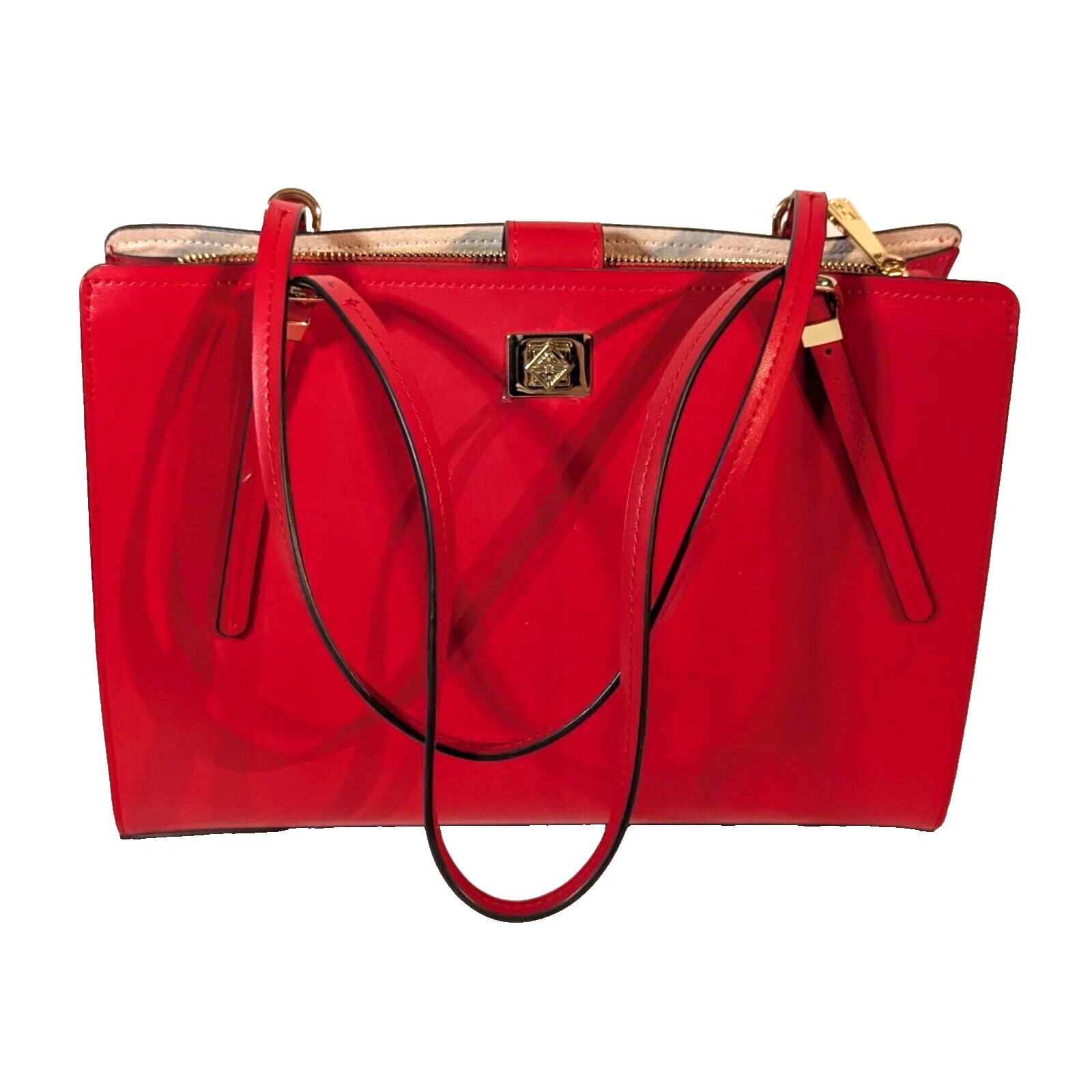 Antonio Melani Classic Red Leather Tote Bag Zip Closure Purse, Double Handle Top