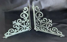 Pair Vintage Cast Iron Wall Shelf Brackets Ornate Scroll 9 3/4" Green & Black