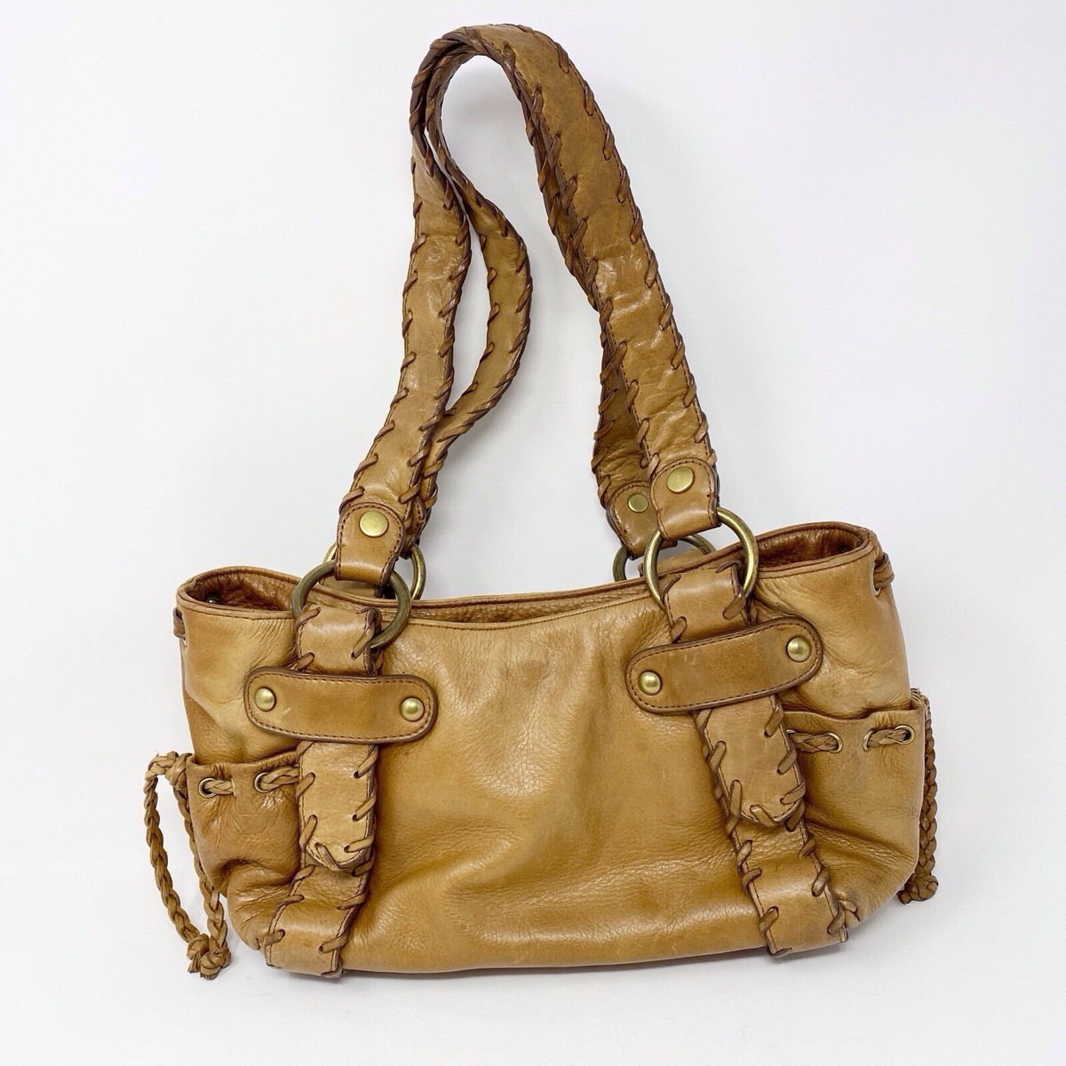 Kooba Sienna Leather Tote Satchel Whipstitch Tan Whisky Brown 