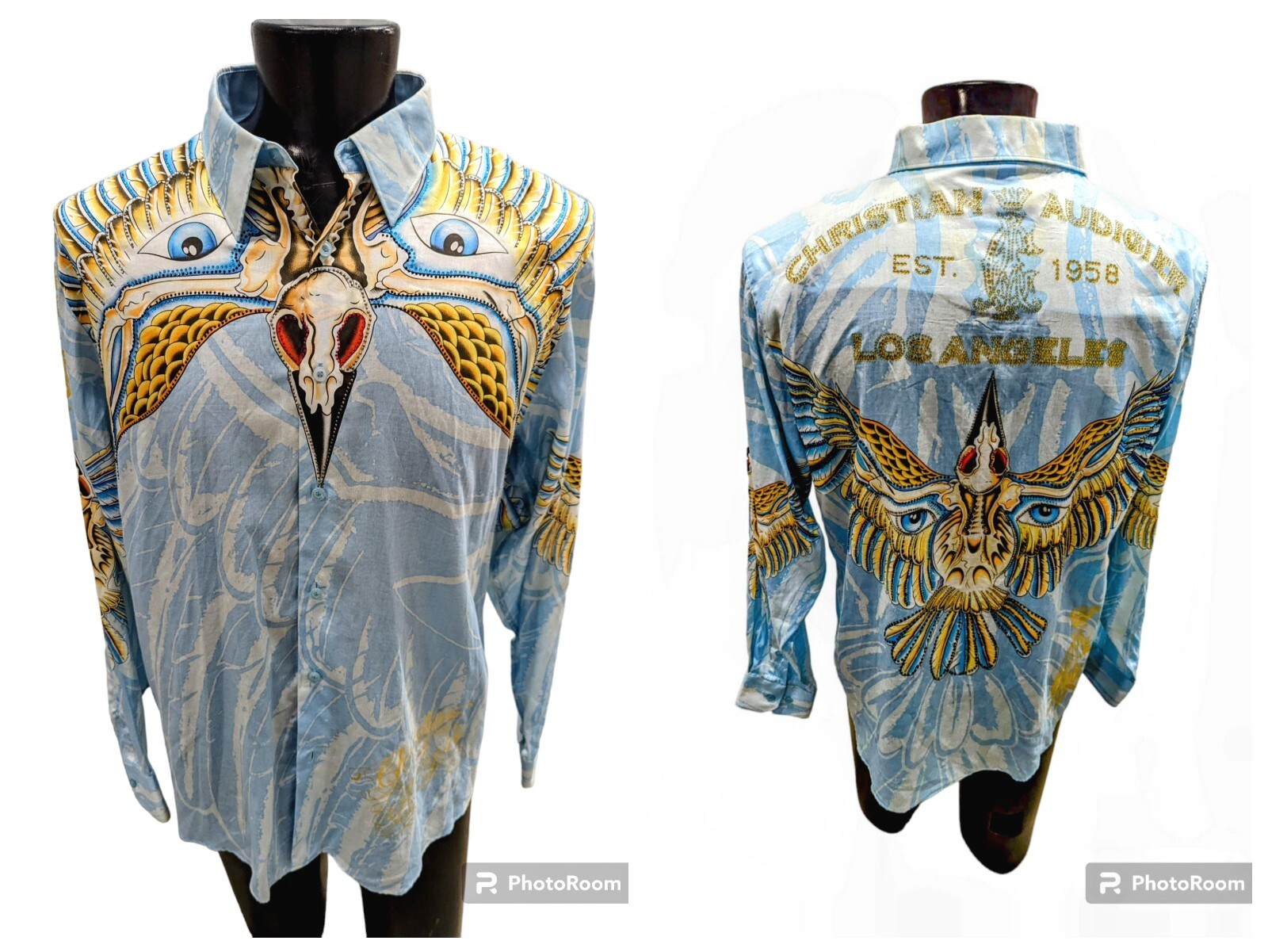 RARE Ed Hardy Christian Audigier Shirt Blue Skulls Eagles Button Up Mens XL Gift