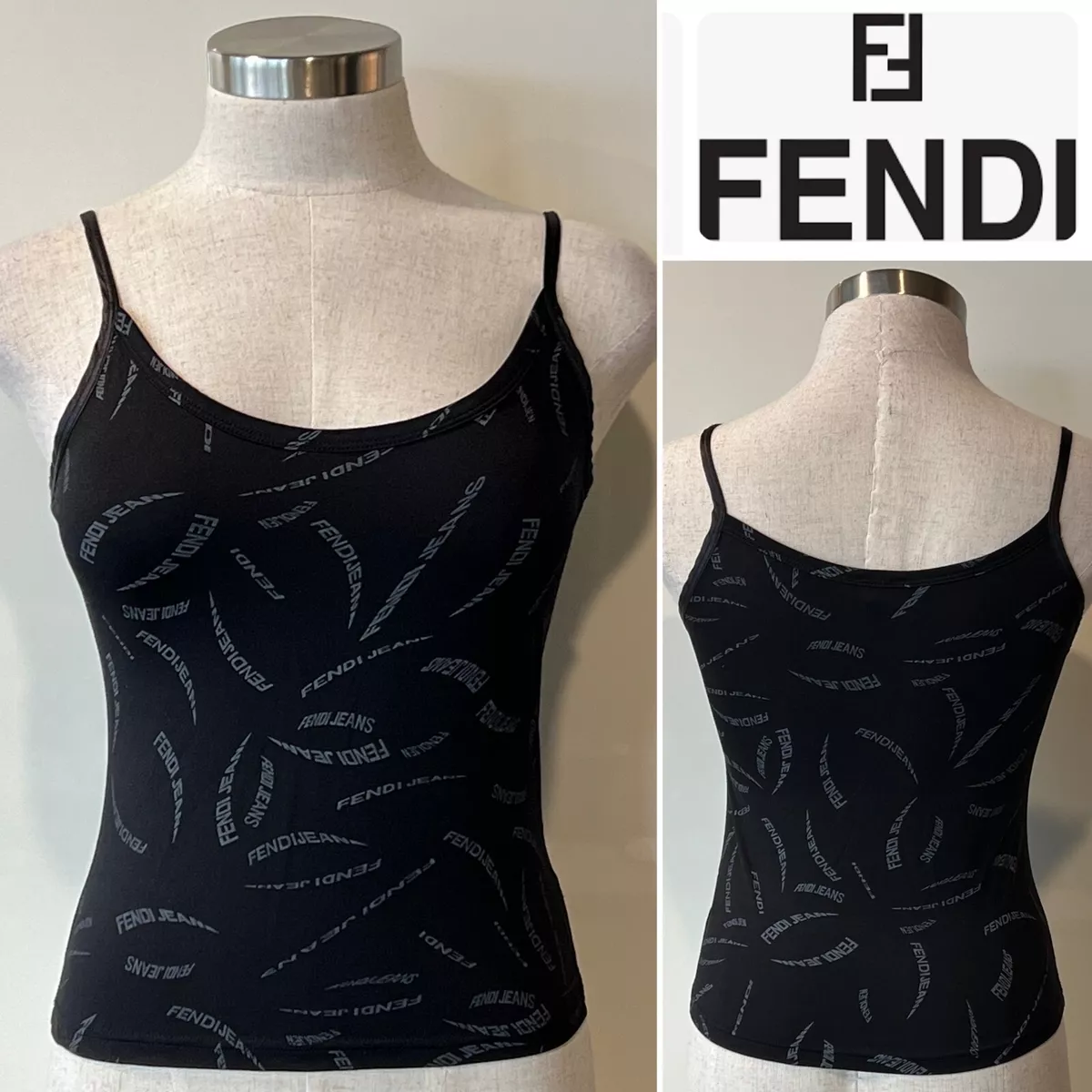 FENDI Jeans Italy Vintage Black/Grey Cotton Stretch Knit Logo Tank Top SMALL