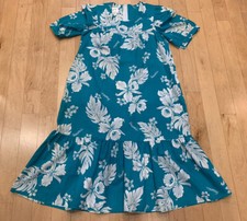 Vintage 80s USA Hawaiian Hawaii Dress Helena Floral Blue Zip Hula Girl EUC Beach