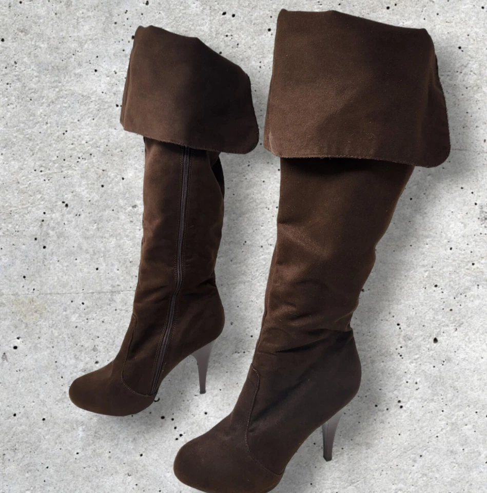 Anne Michelle Knee High Boots Sz 9 Brown Faux Suede Upper Faux Fur Inner 4" heel - Image 4 of 4