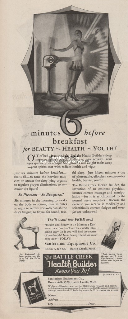 1929 Battle Creek Equipment Health Builder Vibrating Belt Massager Exerciser Ad
