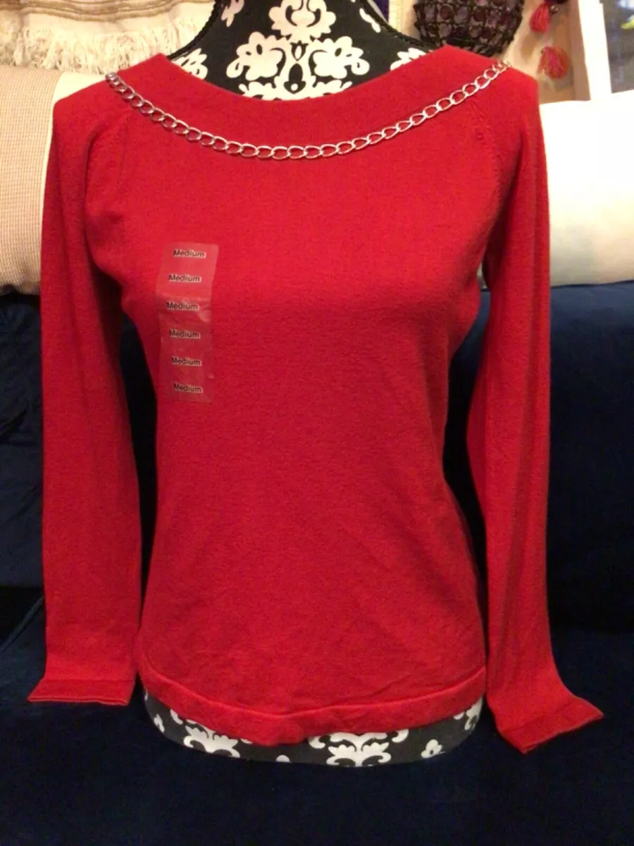 Colour Works Red Chain Scoop NK Red Knit Sweater Size M NWT