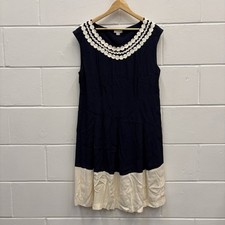 Monsoon Navy Ivory Shift Dress UK 20 Sleeveless Embellished Neckline Viscose