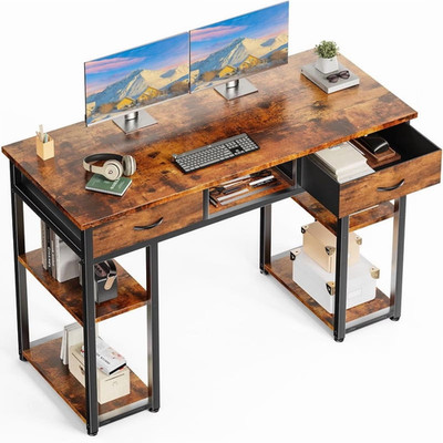 48 in Computer Desk with Storage Shelf 2 Fabric Drawer Vanity, Rustic Brown