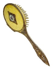 Vintage Gold Filigree Vanity Hair Brush With Yellow Celluloid Porcelain Rose