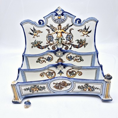 Antique Italian Majolica Faience Hand Painted Letter Rack Desk Organizer 12''