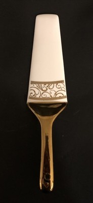 Solid Ceramic Pie & Cake Server Festive Gold Handle & Filigree White Background