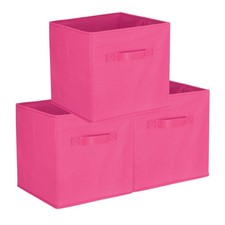 3 Pezzi Cestini Portaoggetti in Tessuto 11,8" Cubo Contenitore per Scaffale Armadio, Rosso Rosa