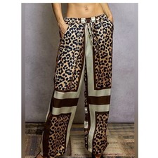 POL Leopard Print Satin Wide Leg Pants Brown Cream High Rise Small