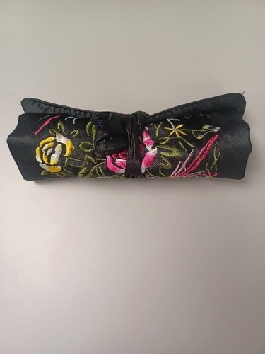 Asian Brocade Black Travel Jewelry Roll Wrap Organizer Pouch Pre Owned