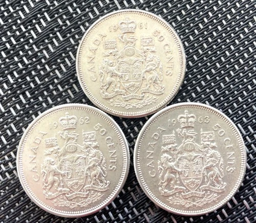 1961-1963, Canada, Set of 3, 80% Silver Half Dollars, Original Luster, AU