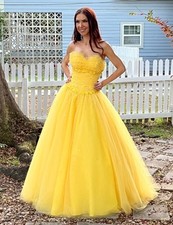 Mori Lee Beaded Prom Dress Yellow Sweetheart Corset Tulle Ball Gown Size 1/2