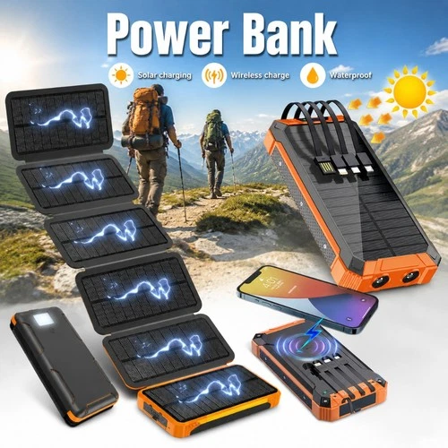 Foldable 46800mAh Solar Panel Power Bank Outdoor LED Light Camping Phone Charger - product listing photo